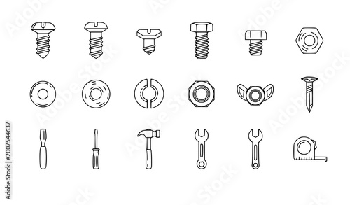Tableau sur toile Hand drawn hardware and tool collection screws nuts bolts and measuring instrume