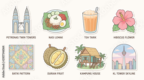 A collection of Malaysian cultural icons and landmarks including Petronas Twin Towers, Nasi Lemak, Teh Tarik, Hibiscus, Batik, Durian, Kampung House, and KL Tower.