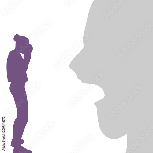 Abused young woman trying to hide. Stop violence against women. Family scandal, domestic violence and abuse. Crying woman harassed by her partner. Aggressive husband blaming and threatening his wife.
