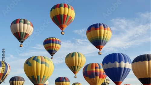 Multiple vibrant hot air balloons floating against a clear blue sky with soft focus.