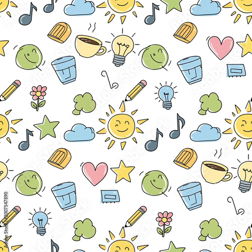 Colorful cartoon icons and symbols pattern.