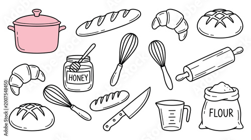 Konstfotografi Baking tools and ingredients set doodle hand drawn bread pastries