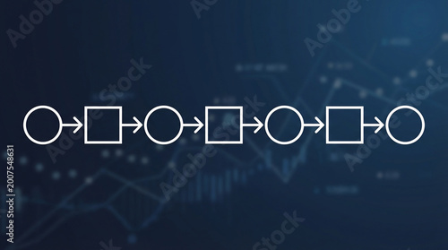 White flowchart shapes and arrows sequence on deep blue tech background with blurred charts and data points, suitable for business process