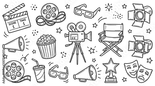 Fotografie Cinema equipment and production elements doodle set for filmmaking