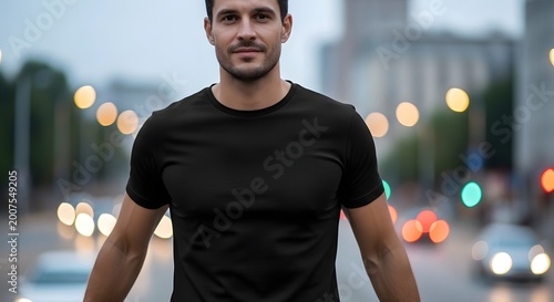 Confident Young Man Wearing Black Casual T-Shirt Standing on City Street with Night Bokeh