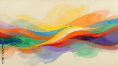 Vibrant rainbow-colored brushstrokes flow across a textured canvas in an artistic composition.