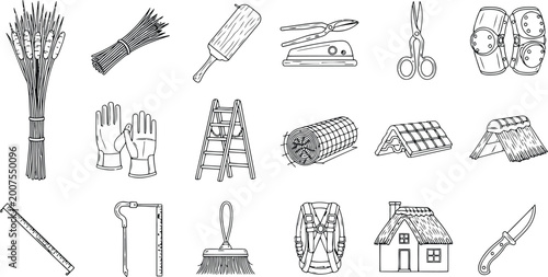 Set of tools and materials for thatching a roof, including reeds, ladder, gloves, and cutting equipment