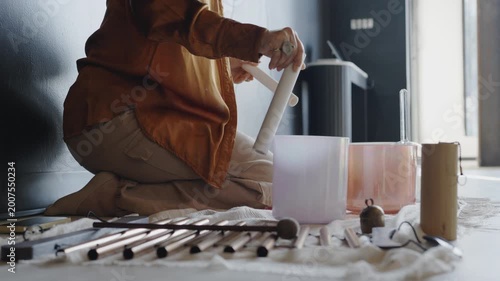 Close-Up of Playing Crystal Singing Bowl - Sound Healing, Meditation and Relaxation
