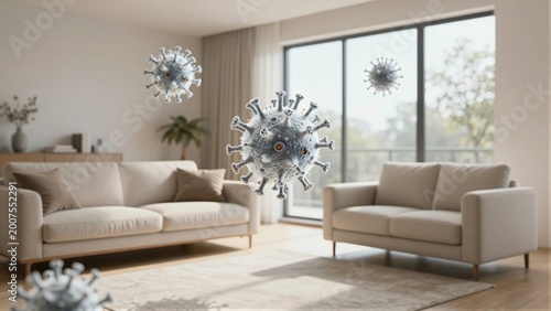 Conceptual image of virus models suspended in a modern living room, illustrating airborne transmission and the importance of hygiene.