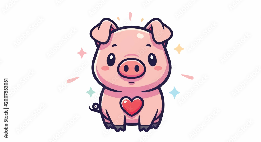 Fototapeta premium Cute Pink Pig with Heart Illustration.