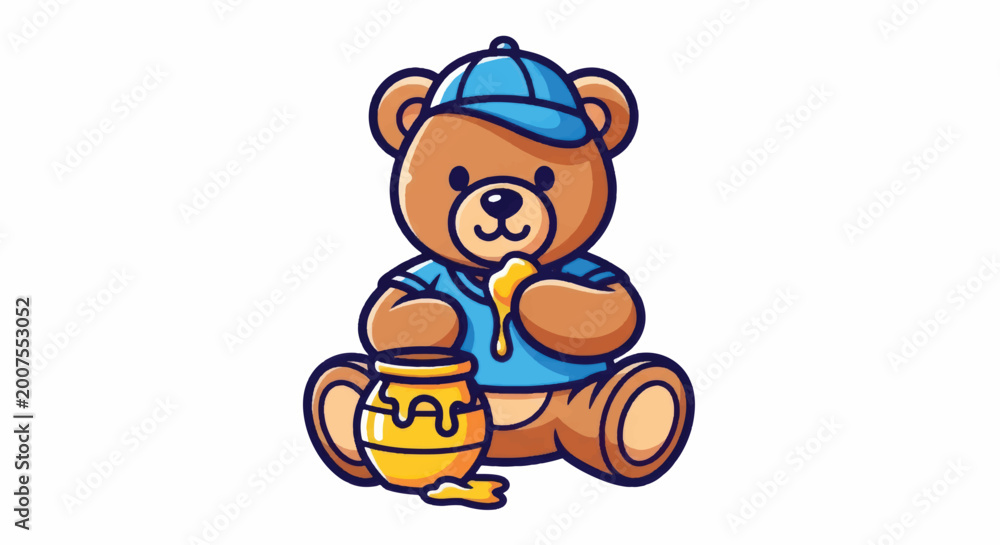 Naklejka premium Cute cartoon bear eating honey from a pot.