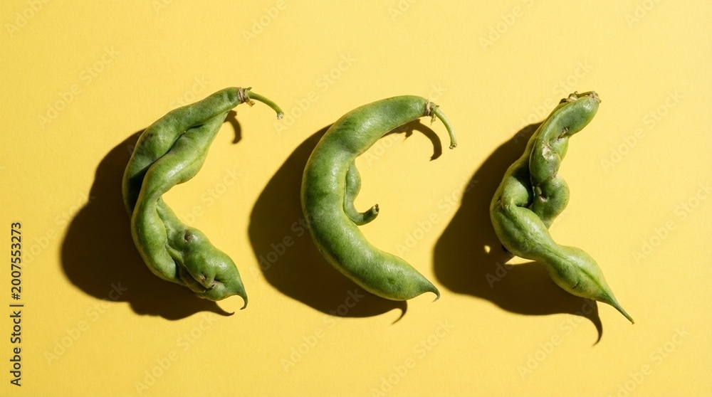 Fototapeta premium Three curved green pods on bright yellow background, minimal food still life with strong shadows, fresh organic produce for cooking and nutrition themes