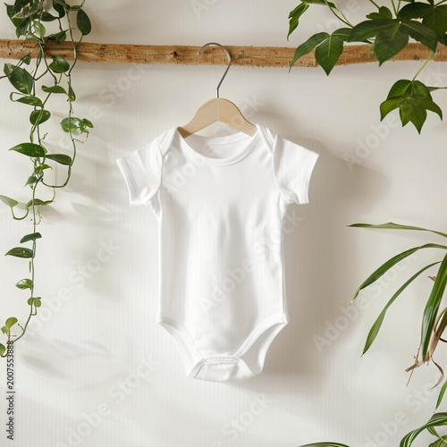 White baby onesie hanging on wooden hanger with green plants
