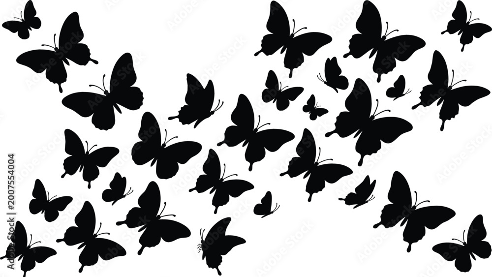 Fototapeta premium Decorative Butterfly Silhouette Collection with Swarm of Flying Insects for Nature Wall Art Decals Crafting and Creative Graphic Design Projects.