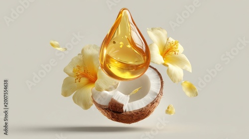 Coconut with oil drop and yellow flowers on a light background