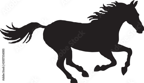Fotografía Minimalist black and white vector silhouette of a horse running across grass wit