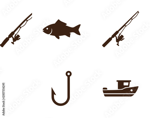 Картината върху платно Fishing icons: hook fish boat and rod with gear recreation illustration equipmen
