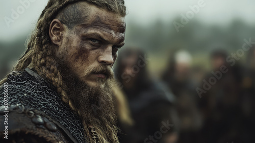 Intense Viking warrior with braided hair and chainmail armor stares ahead