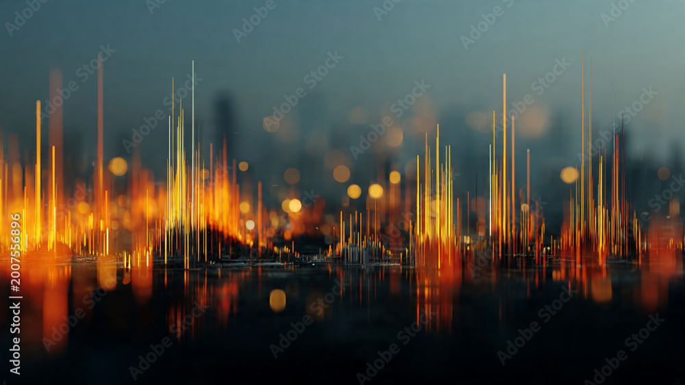 Naklejka premium Abstract golden vertical light streaks with bokeh and reflections on dark teal background, cinematic digital art, suitable for technology