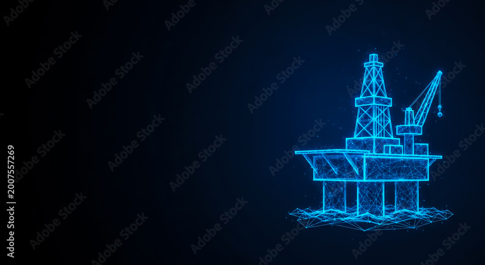 Fototapeta premium A glowing, neon-blue wireframe of an offshore oil rig platform on a deep, dark background, emphasizing modern technology and energy infrastructure.