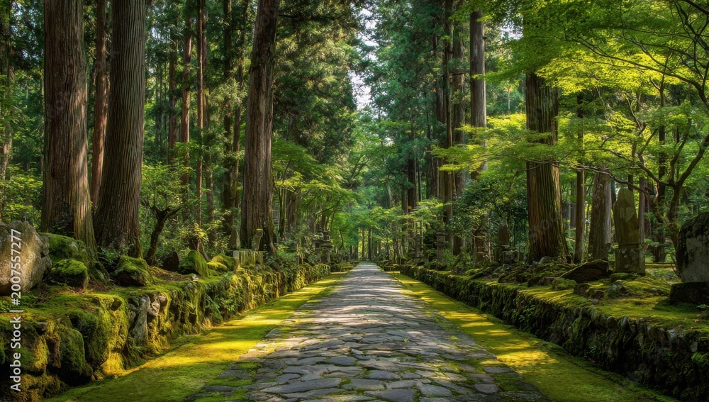 Fototapeta premium Ancient Stone Path Lined with Mossy Rocks and Tall Trees in a Serene Forest.