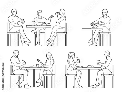 Φωτογραφία set of people dining side view drawings outline architectural, group of friends eating and talking in restaurant concept