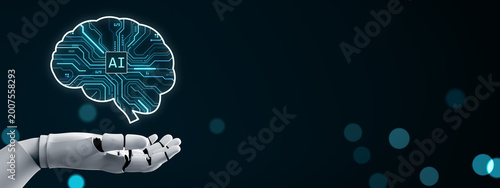 Robotic hand presenting illuminated artificial intelligence brain circuit sym...