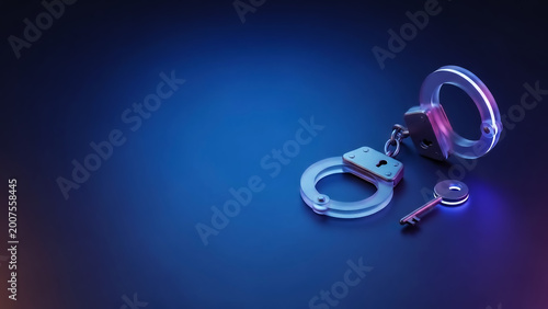 3D render of metallic handcuffs and key illuminated with neon purple and blue light, symbolizing security, law enforcement, or cyber concept.