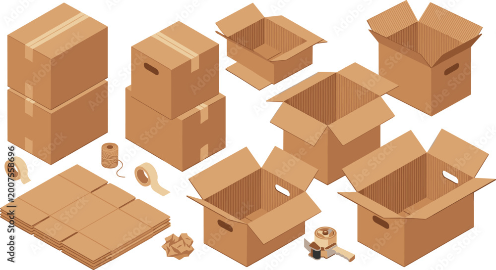 Fototapeta premium Cardboard Boxes and Packing Materials Set with Tape, Spools, and Various Box Sizes for Shipping and Storage Solutions