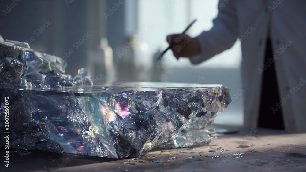 Fototapeta premium Close-up of large rough crystal with iridescent refractions on workbench, scientist in blurred lab background, concept for scientific research