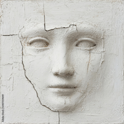 Plaster face sculpture fragment cracking and aging