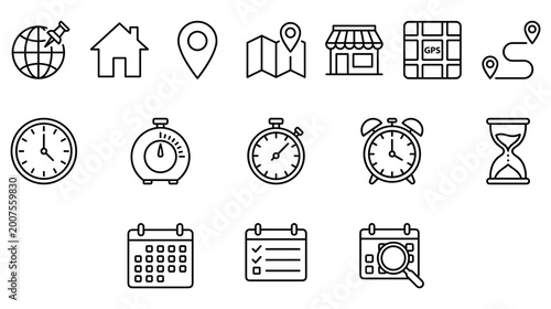 Quadro em tela Set of outline icons representing various travel and scheduling time concepts