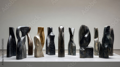Collection of polished dark stone abstract sculptures with organic shapes and negative spaces on white plinth, neutral gallery background, suitable