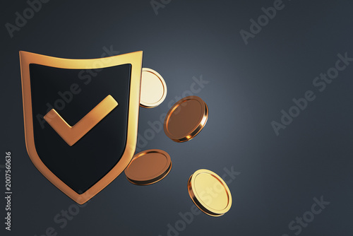 Golden shield icon with checkmark and floating coins symbolizing secure digit...