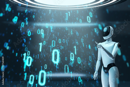 Humanoid robot interacting with floating binary code in a futuristic digital ...