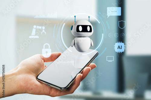 Fotografia Small holographic robot emerging above smartphone held in hand with futuristic digital icons and soft blurred background depicting modern tech concepts