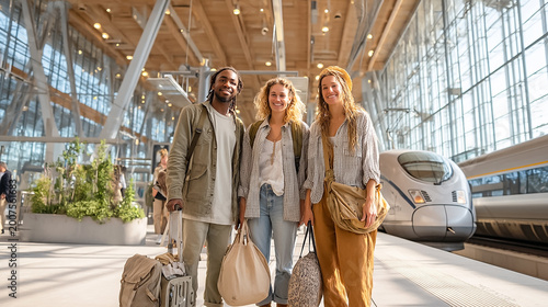 Diverse group of happy young friends standing on a modern train station platform, sustainable travel concept, people with luggage waiting for high speed train, eco friendly lifestyle, tourism