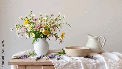 Spring field flower bouquet in ceramic vase, minimal home decor, neutral aesthetic, rustic table copy space