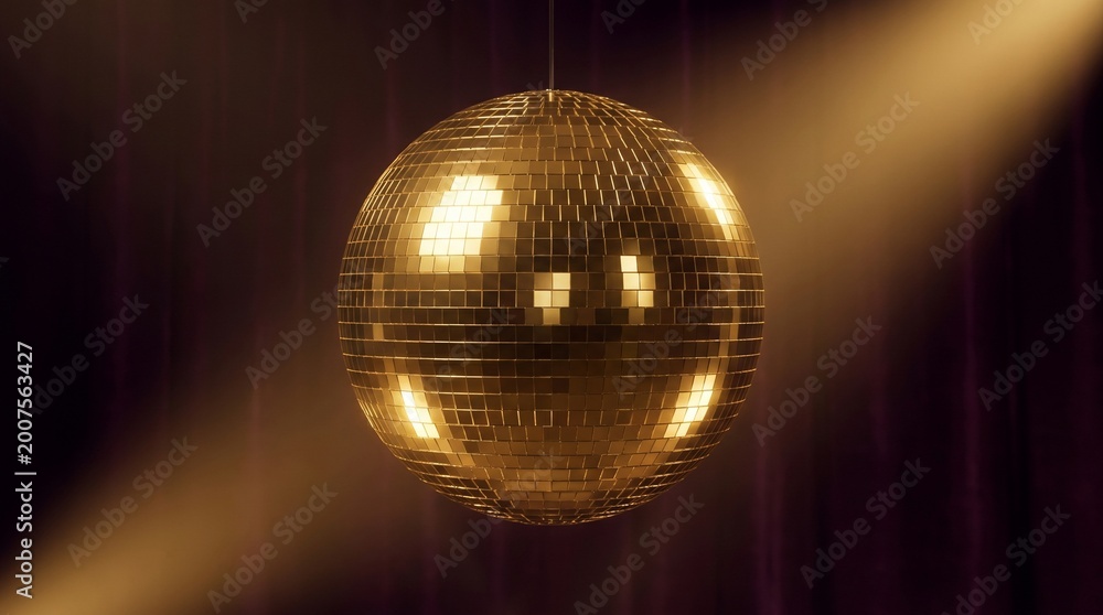 Obraz premium A close-up, illuminated golden disco ball hangs suspended, casting shimmering light in a dimly lit, atmospheric setting with dramatic spotlighting and purple drapes in the background