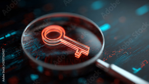Neon orange key icon under magnifying glass, focusing on data search, ideal for cybersecurity, access control and data analysis concepts