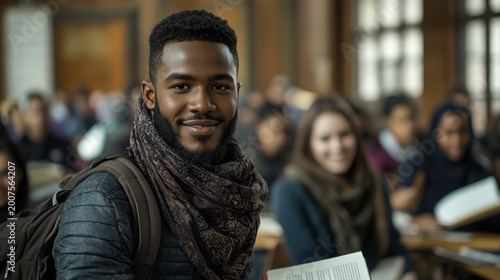Young Black man with backpack and scarf smiling in a classroom setting