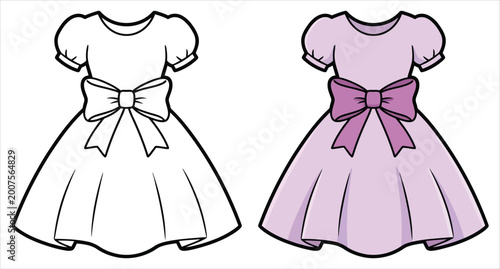 Bild auf Leinwand Dress featuring elegant ribbon decoration in cute fashion coloring page illustra