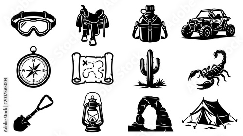 A premium vector silhouette icon set of 12 desert explorer tools: sand goggles, camel saddle, water canteen, dune buggy, compass, treasure map, cactus, scorpion emblem, folding shovel, lantern, 