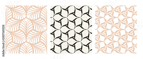 Vector seamless pattern set. Monochrome graphic surface design. Decorative geometric elegant leaves. Regular floral backgrounds with elegant petals. Contemporary stylish ornaments.