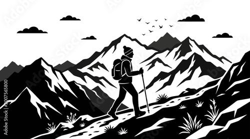 Cuadro en lienzo Man hiking with trekking poles slowly.