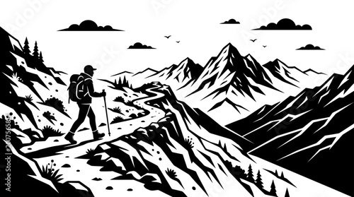 Valokuva Man hiking on mountain trail path.