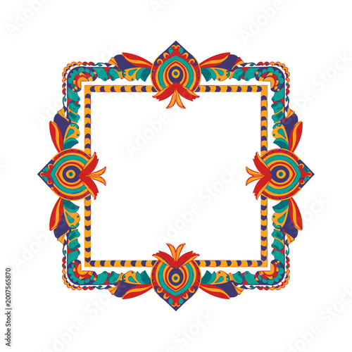 Colorful Ornamental Folk Art Square Vector Frame