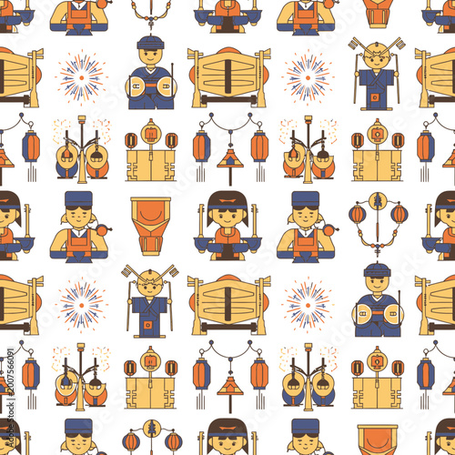 Japanese festival seamless pattern with traditional characters and drums