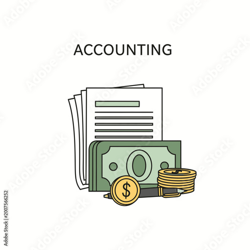 Accounting and business finance vector with cash coins and documents