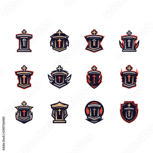 Gothic Graveyard Esport Logo Set with Cross and Shield Emblems